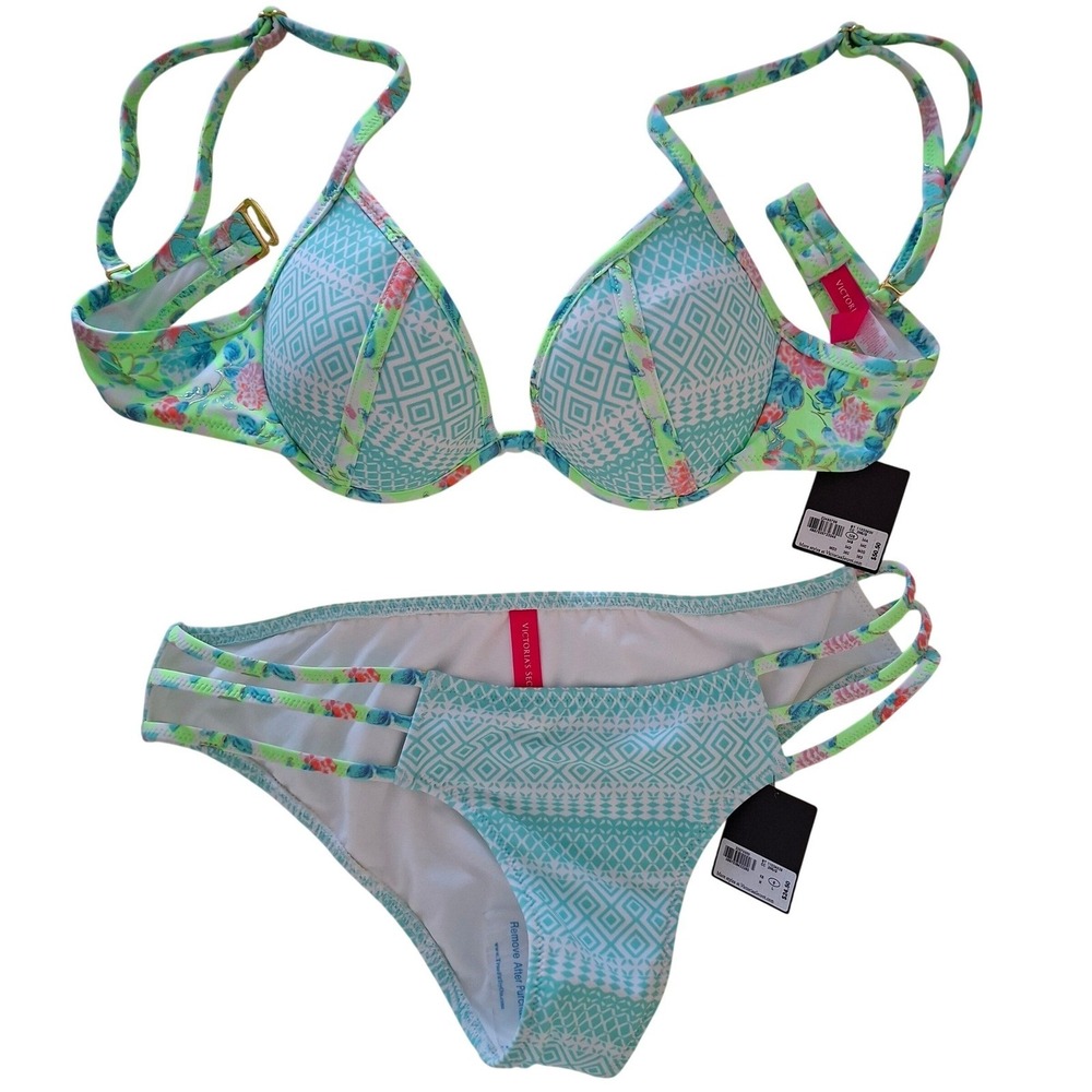 Victoria's Secret Bikini Set Sz S NWT Floral Mint Green Push Up Top & Bottom NEW
